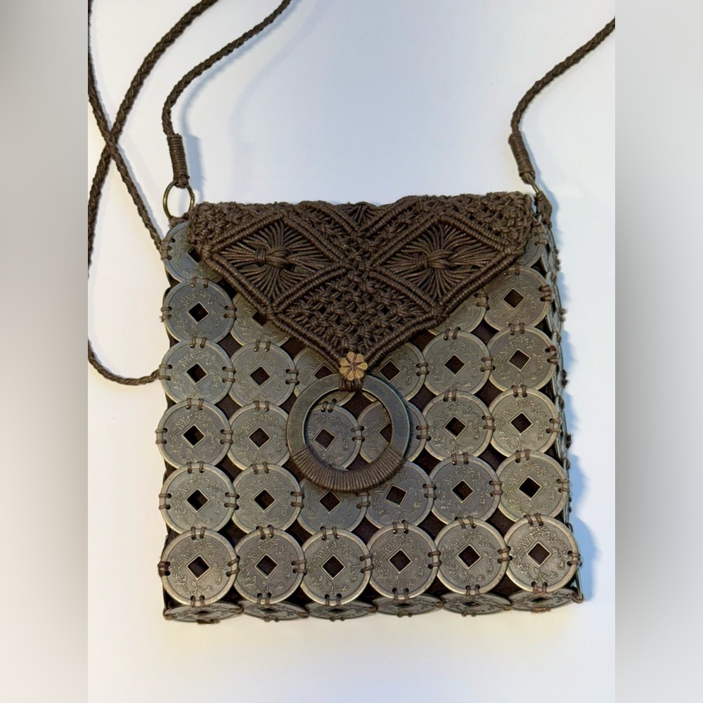 Vintage Boho Chinese Coin Macrame Crossbody Bag Brown Festival Hippie Pouch